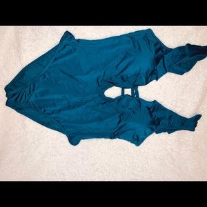 Ruffle Plunge One Piece Swimwear in Teal Green